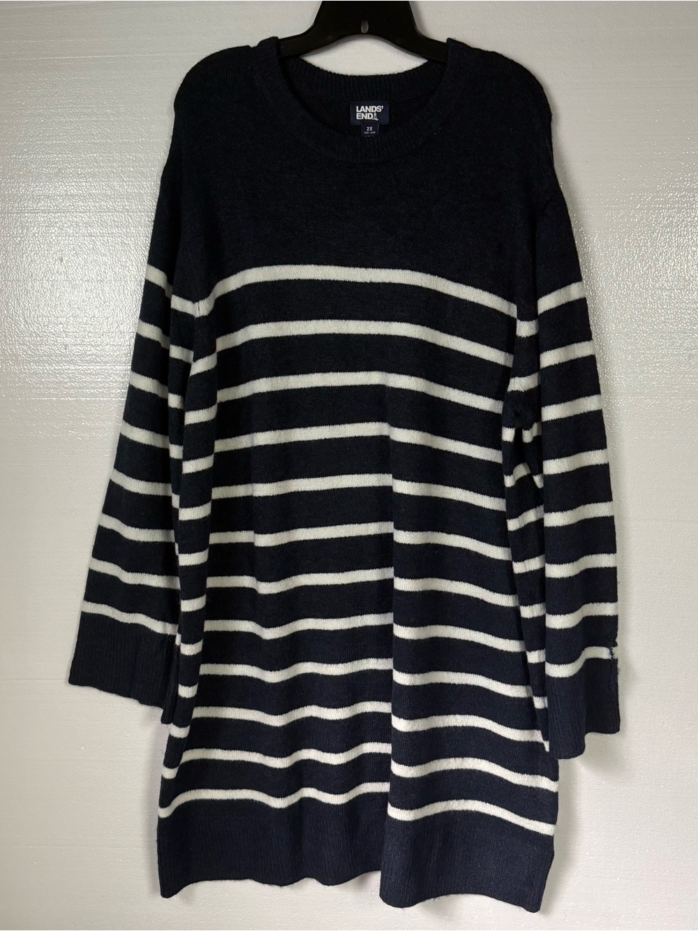 Lands’ End Sweater Dress Women 2X 18-20 Blue White Striped Long Sleeve Nautical